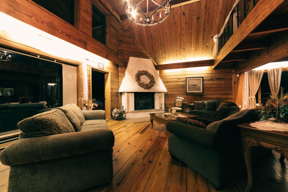 Rustic log home living room with fireplace